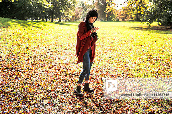 Junge Frau steht im Park und benutzt ein Smartphone