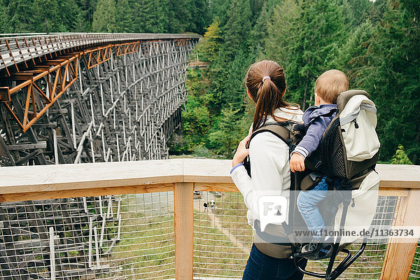 Young woman carrying son on back  rear view  Kinsol Trestle Bridge  British Columbia  Canada