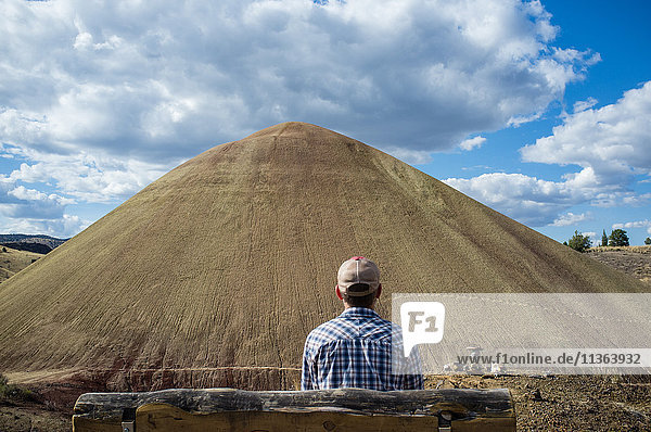 Rückansicht eines Mannes  der einen Hügel betrachtet  Painted Hills  Oregon  USA