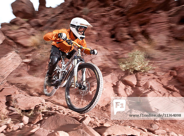 Young male downhill mountain biker speeding down muddy dirt track  Utah  USA