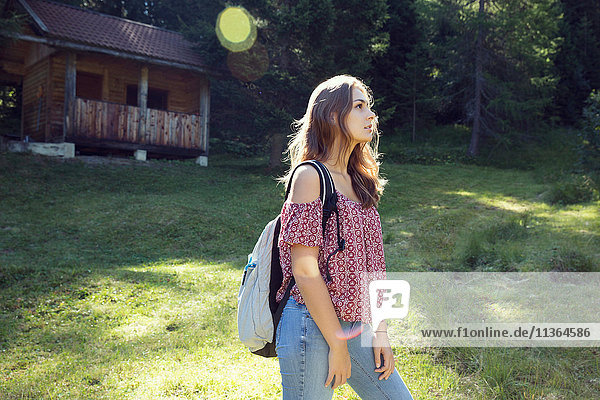 Junge Frau auf der Waldwiese  Sattelbergalm  Tirol  Österreich