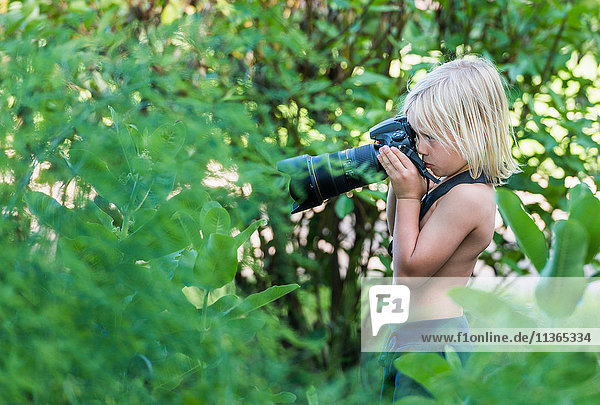 Boy in bush taking photograph