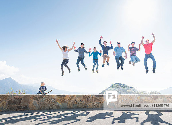 Gruppe von Menschen springt in die Luft  Junge sitzt an der Wand  Sequoia-Nationalpark  Kalifornien  USA