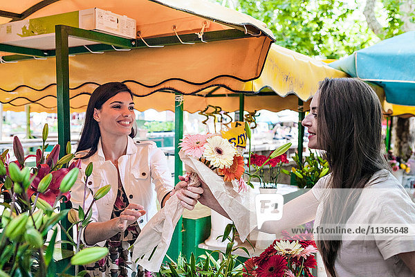 Stall holder handing female tourist bunch of flowers at market stall  Split  Dalmatia  Croatia