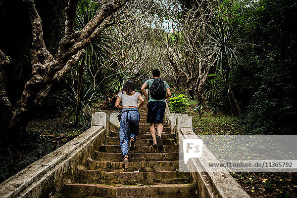 Rear view of couple running up steps to Mount Phousi  Luang Prabang  Laos