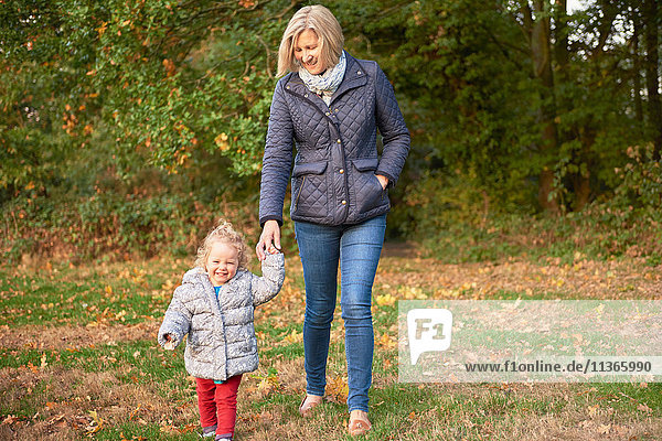 Ältere Frau spaziert mit Kleinkind-Enkelin im Herbstpark