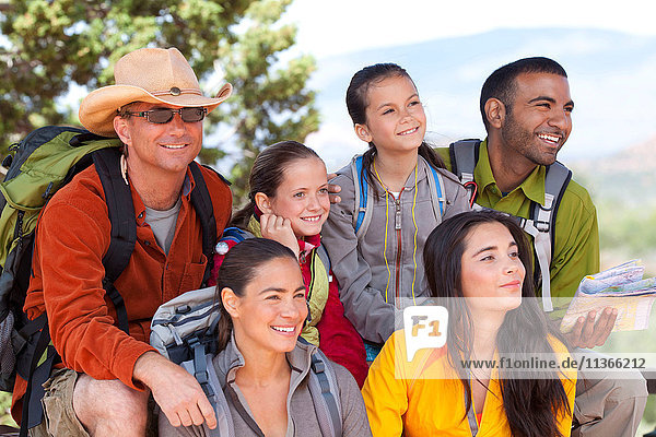 Portrait of adult and child hiking friends  Sedona  Arizona  USA