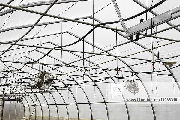 Eine große kommerzielle Pflanzschule  Polytunnel. Ventilatoren im Dach zur Förderung der Zirkulation.