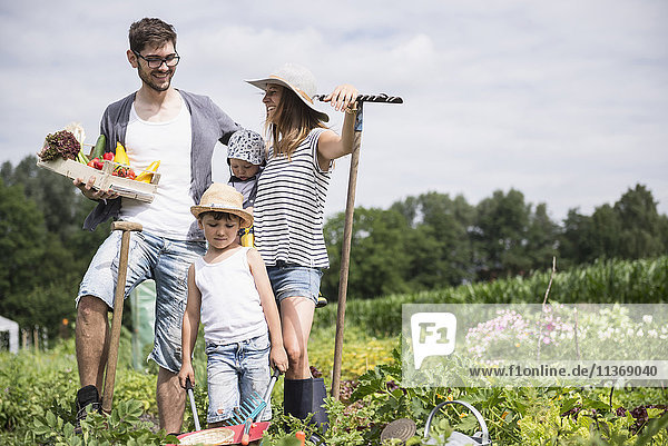 Family harvesting vegetables in community garden
