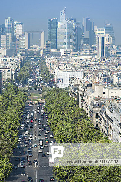 France. Paris 16th district. Area of Place de l'Etoile. Avenue de la Grande Armée. In the background: buildings of La Defense