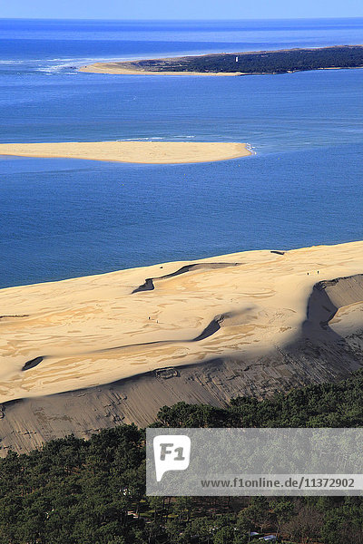 France  Gironde. Aerial view of the Dune of Pilat and Banc d'Arguin.