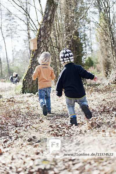 Zwei Jungen spielen im Herbstwald