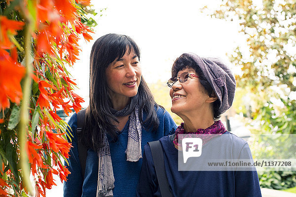 Ältere japanische Mutter und Tochter in der Nähe von Herbstblättern
