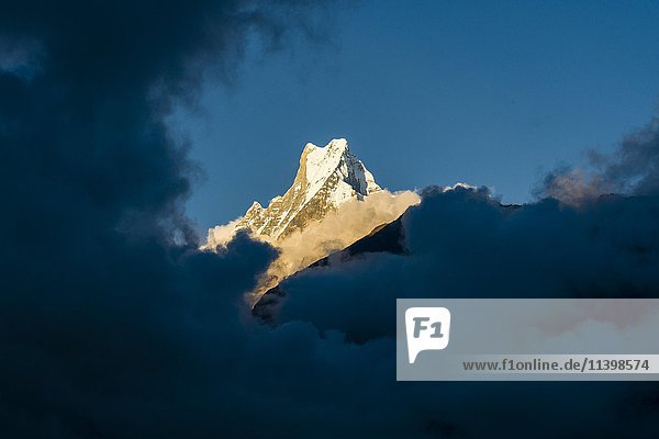 Blick auf den Gipfel des Berges Machapuchare bei Sonnenuntergang  teilweise von Monsunwolken verdeckt  Chomrong  Kaski District  Nepal  Asien