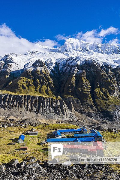 Häuser des Annapurna-Basislagers  Gletscher und die schneebedeckte Annapurna-1-Nordwand  Chomrong  Bezirk Kaski  Nepal  Asien