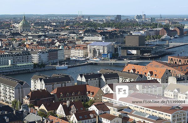 Panorama of Copenhagen  inner harbor with theatre  view from Church of Our Saviour  Copenhagen  Capital Region of Denmark  Denmark  Europe