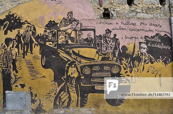 Political mural  artist Francesco del Casino  Jeep  battle for Pratobello  Orgòsolo  Province of Nuoro  Sardinia  Italy  Europe