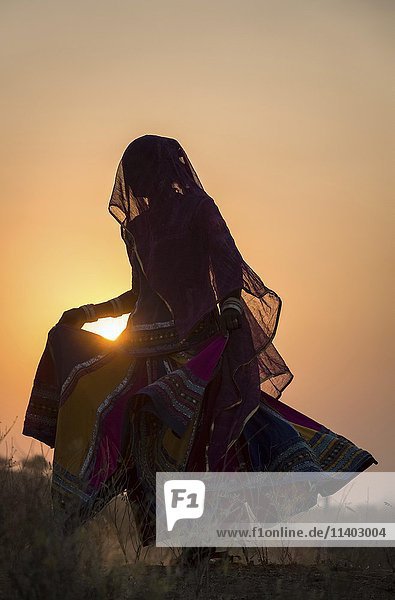 Woman dancing in front of the sun  Pushkar  Rajasthan  India  Asia