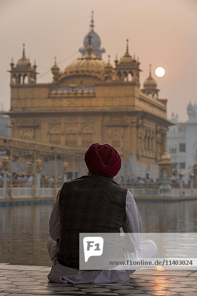 Sikh man watching the sunrise over the Golden Temple  Amritsar  Punjab  India  Asia