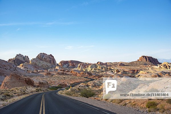 Straße zwischen roten Sandsteinformationen  Tal des Feuers  Mojave-Wüste  Nevada  USA  Nordamerika