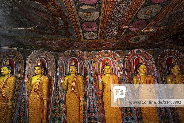 Buddha statues  frescoes  interior  Aluvihara Rock Temple  Matale  Central Province  Sri Lanka  Asia