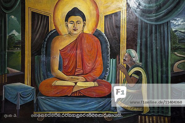 Mural  scene of Buddha  Weherahena Temple  Matara  Southern Province  Sri Lanka  Asia