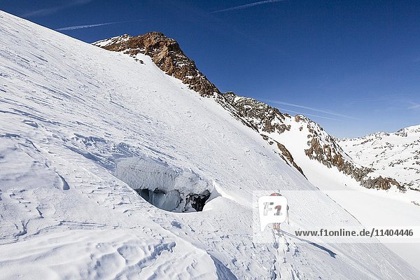 Skibergsteiger beim Aufstieg auf die Fineilspitze  verschneite Alpen  Schnals  Schnalstal  Schnalstaler Gletscher  Südtirol  Italien  Europa