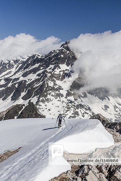 Skitourengeher beim Aufstieg auf den Hochweisse bei Pfossental in Schnals  Hochwilde im Hintergrund  Schnalstal  Meran  Provinz Südtirol  Trentino-Südtirol  Italien  Europa