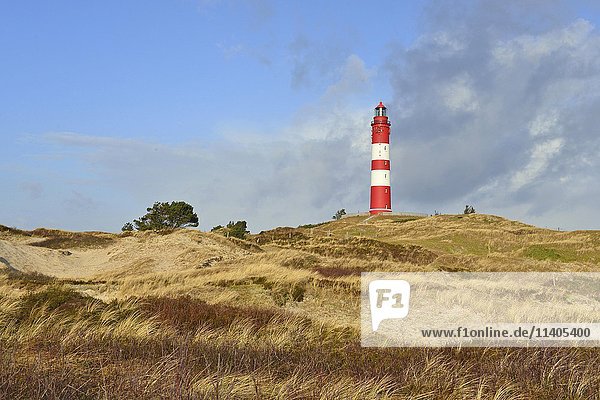 Red and white lighthouse on sand dune  clouds  Amrum  North Frisia  Schleswig-Holstein  Germany  Europe