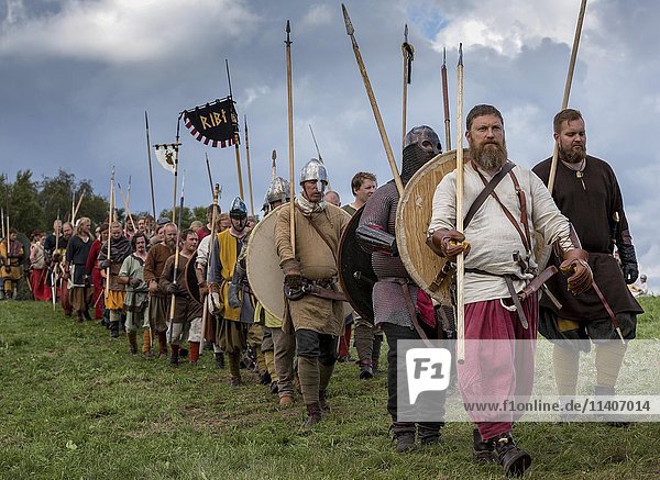 People dressed as vikings ready for battle  Mosegaard Museum  Aarhus  Denmark  Europe