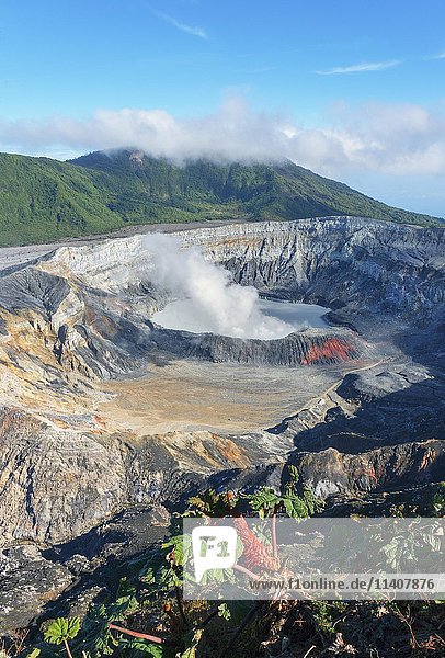 Caldera with crater lake  steam rising from Poas Volcano  Poas Volcano National Park  Costa Rica  Central America