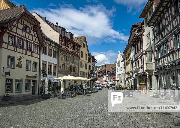 Fachwerkhäuser in der historischen Altstadt  Stein am Rhein  Kanton Schaffhausen  Schweiz  Europa