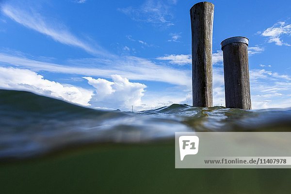 Jetty under water during a flood  Allensbach  Lake Constance  Germany  Europe