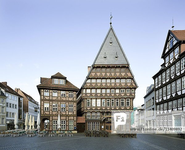 Bäckeramtshaus und Knochenhaueramtshaus  historische Fachwerkhäuser am Marktplatz  Hildesheim  Niedersachsen  Deutschland  Europa