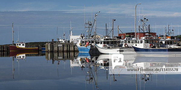 'Fishing boats moored in the tranquil water of a harbour; Petit Etang  Nova Scotia  Canada'