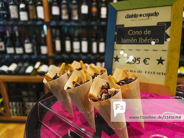 'Spanish ham cones a traditional snack; Segovia Castilla Leon Spain'