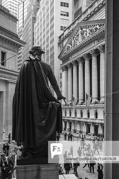 'George Washington statue  New York Stock Exchange on Wall Street; New York City  New York  United States of America'