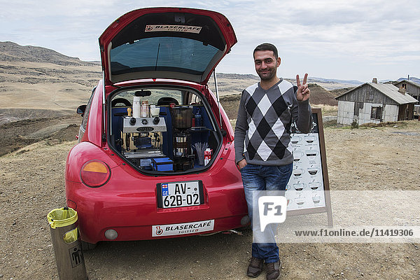 'Coffee vendor selling coffee from a car  David Gareja; Kakheti  Georgia'