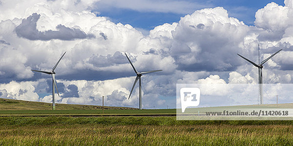 'Wind turbines on a field with train tracks  with cloud; Pincher Creek  Alberta  Canada'