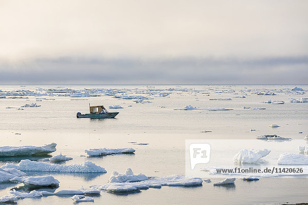 Ein kleines Außenbordboot fährt an einem ruhigen Abend durch Eisberge im Arktischen Ozean  North Slope  Barrow  Arktisches Alaska  USA  Sommer