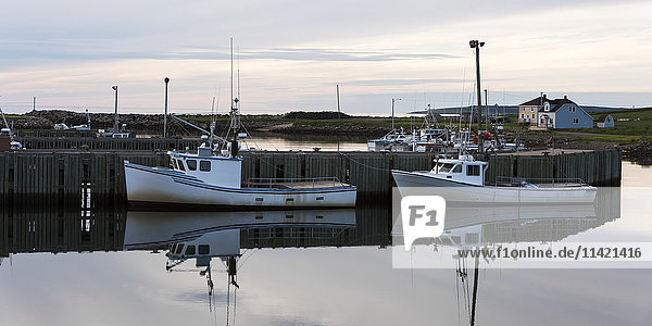 Spiegelung eines Docks und Boote  die in einem ruhigen Hafen vertäut sind  Cape Breton Island; Saint Joseph du Moine  Nova Scotia  Kanada