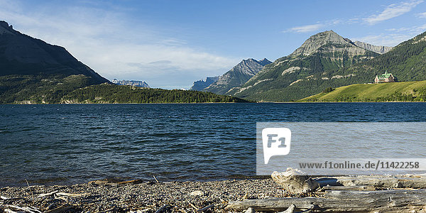 'Upper Waterton Lake and mountains with Prince of Wales Hotel  Waterton Lakes National Park; Alberta  Canada'