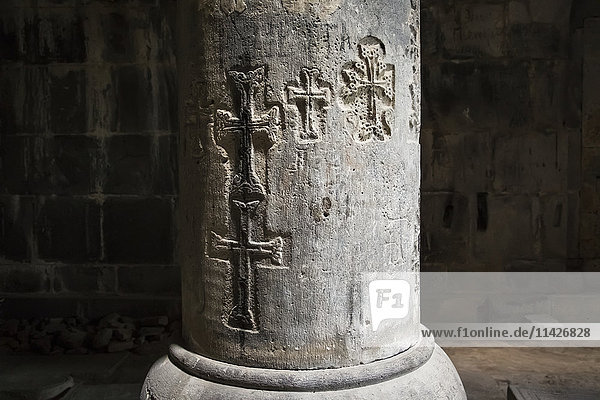 'Crosses carved on the stone columns of the interior of the Church of the Holy Redeemer (Amenaprkich) at Sanahin Monastery; Lori Province  Armenia '