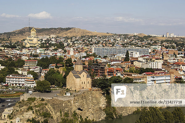 'Panoramic of the Metekhi Church and the Mtkvari River from the Narikala Fortress; Tbilisi  Georgia'