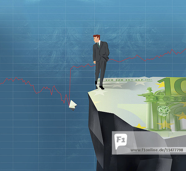 Businessman on cliff looking at broken piece of Euro bill in line graph