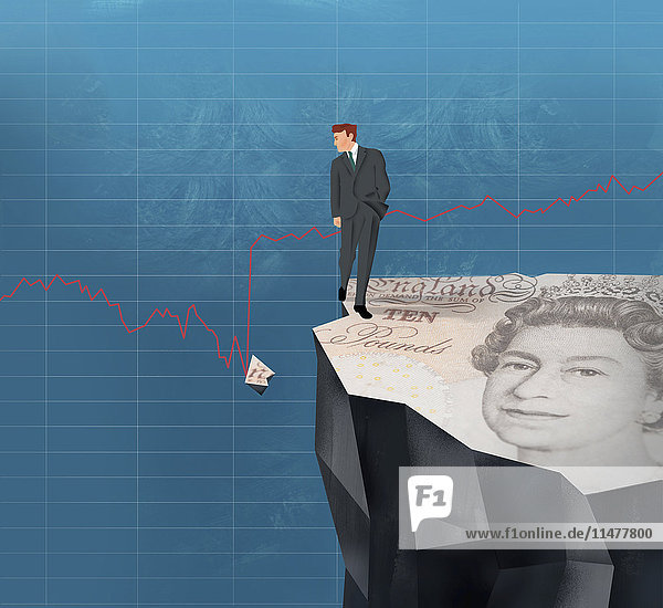 Businessman on cliff looking at broken piece of pound bill in line graph
