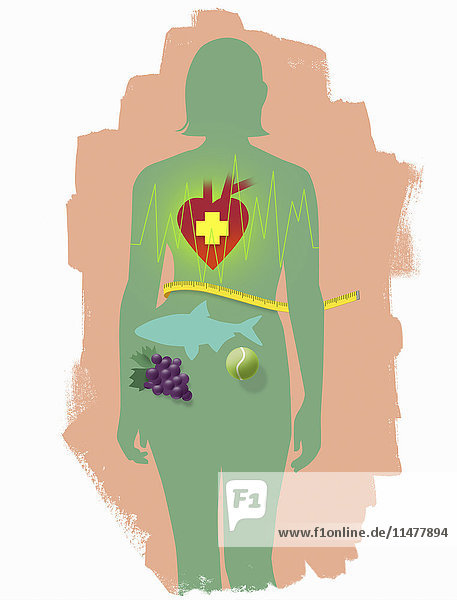 Health  nutrition and sports symbols inside woman's outline