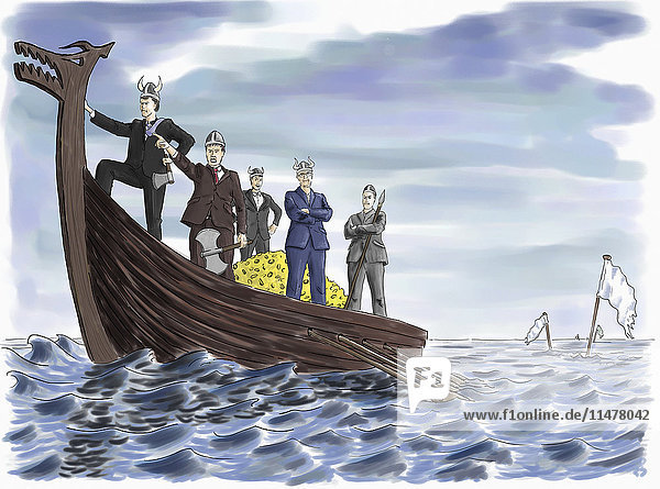 Unhöfliche Geschäftsleute auf einem Wikingerboot mit einem Haufen Geld neben einem gesunkenen Schiff
