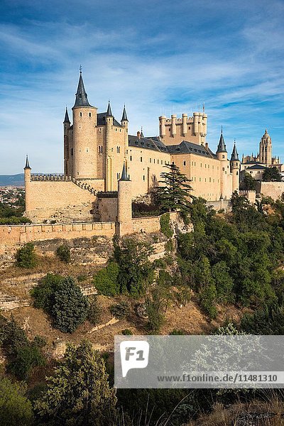 The Alcazar with the Cathedral and city of Segovia in the background  Segovia  Central Spain.