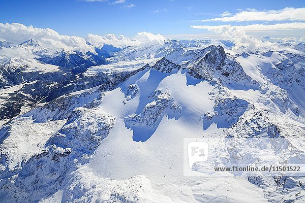 Aerial view of Peak Ferrè covered with snow Spluga Valley Chiavenna Valtellina Lombardy Italy Europe.